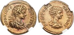 Ancients Caracalla (AD 198-217), with Geta as Caesar (AD 198-209). AV aureus (20mm, 7.38 gm, 6h). Rome, AD 199-20. ANTONINVS AVGVSTVS, laureate, draped and cuirassed bust of adolescent Caracalla right