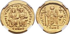 Ancients Justin I and Justinian I (AD 527). AV solidus (22mm, 4.49 gm, 6h). Constantinople, 10th officina, April-August AD 527. D N IVSTIN ЄT IVSTINIAN P P AV, Justin and Justinian seated facing on th