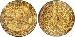 Great Britain Mary (Sole Rule, 1553-1554) gold Ryal 1553 AU55 PCGS, Tower mint, Pomegranate mm, S-2489, North-1957 (ER), Schneider-709 (same dies). Crowned queen standing facing in a ship with "M" ban
