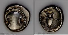 Boeotia, Thebes. Ca. 395/90-338 B.C. AR stater (20 mm, 12.14 g). Boeotian shield / Amphora; club above, (Delta)A-MO/K-(Lambda) across field. R. Hepworth, "The 4th Century BC Magistrate Coinage of the 