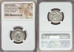 Ancients Roman Imperial Philip I (AD 244-249). AR antoninianus (3.95 gm). NGC MS 4/5 - 3/5. Rome, AD 249. Radiate, draped and cuirassed bust of Philip right / Hexastyle temple with statue of Roma seat