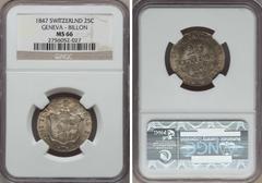 Switzerland Geneva. Canton Billon 25 Centimes 1847-A.-B. MS66 NGC, KM136, HMZ-2365. We cannot stress enough how dynamic the aesthetics of this coin appear in hand. Endless waves of cartwheel luster de