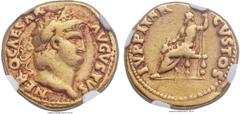 Ancients Nero (AD 54-68). AV aureus (19mm, 7.20 gm, 7h). NGC Choice Fine 5/5 - 3/5. Rome, AD 65-68. NERO CAESAR AVGVSTVS, laureate head of Nero right / IVPPITER CVSTOS, Jupiter enthroned left, holding