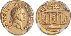 Ancients Vespasian (AD 69-79). AV aureus (20mm, 7.24 gm, 11h). NGC VF 5/5 - 5/5. Rome, AD 73. IMP CAES VESP AVG CENS, laureate head of Vespasian right /  VES-TA, round temple-shrine of Vesta with four
