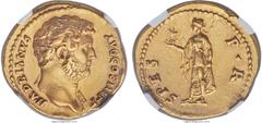 Ancients Hadrian (AD 117-138). AV aureus (20mm, 7.10 gm, 6h). NGC AU 5/5 - 4/5, Fine Style. Rome, AD 134-138. HADRIANVS AVG COS III P P, bareheaded bust of Hadrian right, with slight drapery on left s