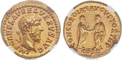 Ancients Lucius Verus (AD 161-169). AV aureus (19mm, 7.29 gm, 12h). NGC MS 5/5 - 5/5.  Rome, March-December AD 161. IMP CAES L AVREL VERVS AVG, laureate head of Verus right / CONCORDIAE AVGVSTOR TR P,