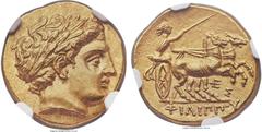 Ancients MACEDONIAN KINGDOM. Philip II (359-336 BC). AV stater (18mm, 8.62 gm, 2h). NGC Choice MS★ 5/5 - 5/5. Posthumous issue of Pella, ca. 323/2-315, BC. Laureate head of Apollo right / Charioteer d