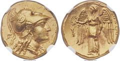 Ancients MACEDONIAN KINGDOM. Alexander III the Great (336-323 BC). AV stater (18mm, 8.59 gm, 12h). NGC Choice MS 5/5 - 4/5. Lifetime or early posthumous issue of Amphipolis, ca. 325-319 BC. Head of At