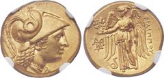 Ancients MACEDONIAN KINGDOM. Philip III Arrhidaeus (323-317 BC). AV stater (18mm, 8.60 gm, 6h). NGC MS 5/5 - 4/5, Fine Style. Abydus, ca. 323-317 BC. Head of Athena right, wearing crested Corinthian h
