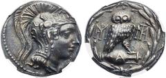 Ancients ATTICA. Athens. Ca. 165-42 BC. AR tetradrachm (27mm, 16.72 gm, 11h). NGC AU★ 5/5 - 5/5. New Style coinage, Roman occupation under Sulla. 86-84 BC. Heead of Athena right wearing triple-crested