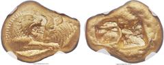 Ancients LYDIAN KINGDOM. Croesus (ca. 561-546 BC). AV stater (19mm, 10.77 gm). NGC MS★ 5/5 - 5/5.  Sardes, "heavy" standard, ca. 550 BC. Confronted foreparts of lion (on left, facing right), with exte