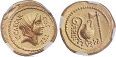 Ancients Julius Caesar as Dictator (49-44 BC). AV aureus (21mm, 7.98 gm, 2h). NGC MS★ 5/5 - 4/5. Rome, A. Hirtius, praetor, 46 BC. C • CAESAR - COS • TER, veiled head of Vesta (or Ceres?) right / A HI