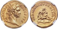 Ancients Domitian (AD 81-96). AV aureus (19mm, 7.60 gm, 6h). NGC Choice AU 5/5 - 4/5. Rome, AD 92-94. DOMITIANVS AVGVSTVS, laureate head of Domitian right / GERMANICVS COS XVI, Germania, bare-chested 