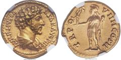 Ancients Marcus Aurelius, as Caesar (AD 139-161). AV aureus (19mm, 7.24 gm, 11h). NGC Choice XF 5/5 - 5/5. Rome, AD 154-155. AVRELIVS CA-ESAR AVG PII F, bare-headed and draped bust of Marcus Aurelius 