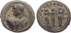 Ancients Constantius I Chlorus, as Caesar (AD 293-305). Æ gilt medallion (34mm, 24.41 gm, 12h). Choice VF. Rome, ca. AD 297-298.  CONSTANTI – VS NOB CAES, laureate half-length "heroic" bust of Constan