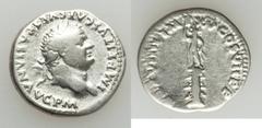 Ancients Roman Imperial Titus (AD 79-81). AR denarius (18mm, 3.16 gm). Fine. Rome, 79 AD. IMP TITVS CAES VESPASIAN AVG P M, laureate head of Titus right / TR P VIIII IMP XV COS VII P P, statue of empe