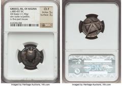 Ancients Greek ISLANDS off ATTICA. Aegina. Ca. 480-457 BC. AR Stater (21mm, 11.90 gm). NGC Choice Fine 5/5 - 3/5. Sea turtle, head in profile, shell with line of pellets down center / Large square inc