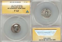 Ancients Roman Imperial Vitellius (July-Dec. AD 69). AR denarius. ANACS F12. Rome. A VITELLIVS GERMANICVS IMP, bare head of Vitellius right / XV VIR SACR FAC, tripod-lebes surmounted by dolphin right,