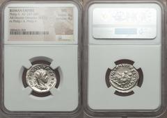 Ancients Roman Imperial Philip II as Augustus (AD 247-249). AR antoninianus (4.47 gm). NGC MS 4/5 - 4/5. Rome. IMP PHILIPPVS AVG, radiate, draped and cuirassed bust of Philip II right, seen from behin