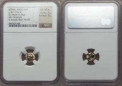 Ancients Greek IONIA. Phocaea. Ca. 387-326 BC. EL sixth stater or hecte (2.56 gr). NGC Choice XF S 5/5 - 5/5.  Head of Omphale left, wearing lion-skin, seal below / Quadripartite incuse square. Bodens