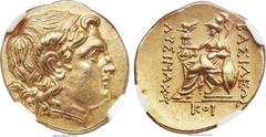 Ancients THRACIAN KINGDOM. Lysimachus (305-281 BC). AV stater (19mm, 8.45 gm, 11h). NGC MS 5/5 - 4/5. Posthumous issue of Odessus, ca. 225-200 BC. Diademed head of the deified Alexander the Great righ