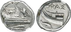 Ancients LYCIA. Phaselis. Ca. 4th century BC. AR stater (22mm, 10.32 gm, 6h). NGC AU 4/5 - 5/5. Prow of war galley right, on foredeck a fighting platform decorated with Pegasus flying right; before ra