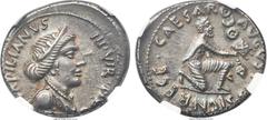 Ancients Augustus (27 BC-AD 14). AR denarius (20mm, 4.28 gm, 1h). NGC Choice AU 4/5 - 4/5. Rome, P. Petronius Turpilianus, moneyer, 19 BC. [TV]RPILIANVS III VIR · [FE-R]ON, draped bust of Feronia righ