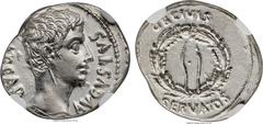 Ancients Augustus (27 BC-AD 14). AR denarius (19mm, 3.86 gm, 6h). NGC Choice AU 4/5 - 4/5. Spain, Colonia Patricia(?), ca. 19/8 BC. CAESAR AVGVSTVS, bare head of Augustus right. / OB CIVES above, SERV