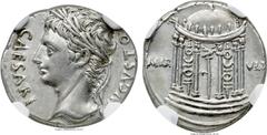 Ancients Augustus (27 BC-AD 14). AR denarius (19mm, 3.76 gm, 4h).  NGC Choice AU 5/5 - 4/5. Spain (Colonia Patricia?), 19-18 BC. CAESARI AVGVSTO, laureate head of Augustus left / MAR - VLT, circular a