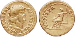 Ancients Nero (AD 54-68). AV aureus (19mm, 7.23 gm, 5h). NGC VF 4/5 - 4/5. Rome, AD 65-68. NERO CAESAR AVGVSTVS, laureate head of Nero right / IVPPITER CVSTOS, Jupiter enthroned left, holding thunderb