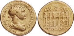 Ancients Trajan (AD 98-117). AV aureus (18mm, 7.09 gm, 6h). Fine. Rome, AD 112-113. IMP TRAIANVS AVG GER DAC P M TR P COS VI P P, laureate, draped, and cuirassed bust of Trajan right / Frontal view of