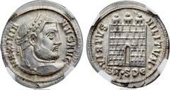 Ancients Galerius (AD 305-311). AR argenteus (19mm, 3.29 gm, 12h). NGC Choice MS 5/5 - 5/5. Serdica, 5th officina, ca. AD 305-306. MAXIMIA-NVS AVG, laureate head of Galerius right / VIRTVS MILITVM, ci