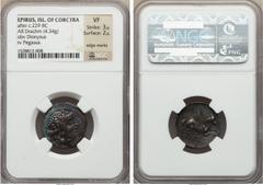 Ancients EPIROTE ISLANDS. Corcyra. After ca. 229 BC. AR drachm or reduced didrachm (4.34 gm). NGC VF 3/5 - 2/5, edge marks. Head of Dionysus right, wreathed in ivy / Pegasus flying right, monogram bel