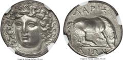 Ancients THESSALY. Larissa. Ca. 356-342 BC. AR drachm (5.98 gm). NGC Choice AU 5/5 - 2/5. Head of the nymph Larissa facing slightly left, hair in ampyx / Horse standing right, preparing to lie down. D