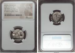 Ancients LYCIA. Phaselis. 4th century BC. AR stater (10.46 gm). NGC Choice AU 4/5 - 4/5. Prow of war galley right, fighting platform decorated with facing gorgoneion; to right, cicada upward / Stern o