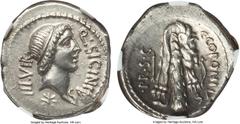 Ancients Q. Sicinius and C. Coponius (49 BC). AR denarius (3.87 gm). NGC MS 5/5 - 4/5, brushed. Military mint traveling with Pompey the Great. Diademed head of Apollo right; below, star / Lion's skin 