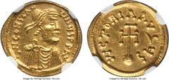 Ancients Constans II Pogonatus (AD 641-668). AV semissis (2.17 gm). NGC MS 5/5 - 3/5. Constantinople. Diademed and draped bust of Constans right / Cross potent on globe. Sear 983. DOC 44. An unusually