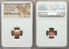 Ancients Celtic CELTIC BRITAIN. Catuvellauni. Addedomaros (ca. 45-25 BC). AV quarter-stater (1.35 gm). NGC AU 5/5 - 3/5. 'Floral' type. Flower of four leaves divided by elongated rings, all with ring-