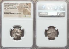 Ancients Greek ETRURIA. Populonia. Ca. 300-250 BC. AR 10 asses (4.14 gm). NGC AU 4/5 - 4/5. Laureate head of Apulu (Etruscan Apollo) left; X (mark of value) behind / Blank. HN Italy 168. SNG ANS 26. S
