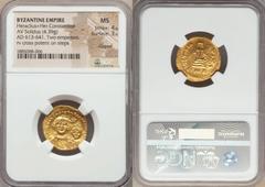 Ancients Byzantine Heraclius (AD 610-641) & Heraclius Constantine (AD 613-641). AV solidus (4.39 gm). NGC MS 4/5 - 3/5, clipped. Constantinople, 1st officina, ca. AD 616-625. dd NN hЄRACLIႯS ЄƮ hЄRA C