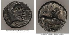 Ancients Celtic CELTIC. Britannia. Iceni. Ca. 20 BC-AD 10. AR unit (1.19 gm). Choice VF. Stylized head right, trefoil in front, three pellets below; all within stylized wreath / Horse right, triangula