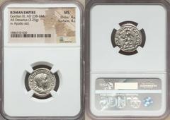 Ancients Roman Imperial Gordian III (AD 238-244). AR denarius (3.25 gm). NGC MS 4/5 - 4/5. Rome, fourth issue, AD 241-243. IMP GORDIANVS PIVS FEL AVG, laureate, draped and cuirassed bust of Gordian II