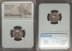 Ancients Roman Imperial Vitellius (AD 69). AR denarius. NGC Fine. Rome, late April-December AD 69. A VITELLIVS GERMAN IMP TR P, laureate head of Vitellius right / XV VIR-SACR FAC, tripod-lebes surmoun