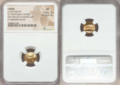 Ancients Greek LYDIAN KINGDOM. Alyattes or Walwet (ca. 610-561 BC). EL third stater or trite (4.69 gm). NGC XF 4/5 - 4/5. Uninscribed issue, Lydo-Milesian standard. Sardes mint. Head of lion right, mo