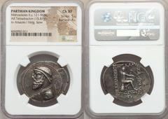 Ancients Oriental PARTHIAN KINGDOM. Mithradates II (121-91 BC). AR tetradrachm (15.81 gm). NGC Choice XF 5/5 - 4/5. Seleucia on Tigris, ca. 120/19-109 BC. Diademed, draped bust of Mithradates II left 