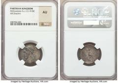 Ancients Greek PARTHIAN KINGDOM. Mithradates II (121-91 BC). AR drachm. NGC AU. Rhagae, ca. 109-96/5 BC. Diademed, draped bust of Mithradates II left / ΒΑΣΙΛΕΩΣ BAΣΙ-ΛEΩN ΜEΓΑΛΟΥ ΑΡΣΑΚΟΥ EΠIΦANOYΣ, ar
