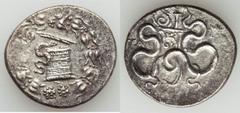 Ancients Greek LYDIA. Tralles. ca. 166-67 BC. AR cistophoric tetradrachm (12.47 g). XF. Ca. 140-135 BC. Serpent emerging from within cista mystica with open lid; all within ivy wreath / TPAΛ, bow case