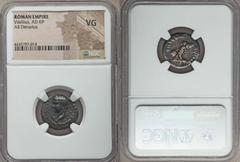 Ancients Roman Imperial Vitellius (AD 69). AR denarius. NGC VG.  Spanish mint (Tarraco?), ca. January-June AD 69. A VITELLIVS-IMP GERMAN, laureate head of Vitellius left, globe at point of bust, palm 