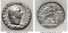 Ancients Roman Imperial Vitellius (July-Dec. AD 69). AR denarius (2.83 gm). Fine.  Rome. A VITELLIVS GERM IMP AVG TR P, laureate head of Vitellius right / CONCOR-DIA P R, Concordia seated left, patera
