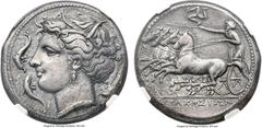 Ancients SICILY. Syracuse. Agathocles (317-289 BC). AR tetradrachm (26mm, 16.85 gm, 11h). NGC XF 4/5 - 3/5. Pre-royal coinage, struck ca. 310-305 BC. Head of Persephone left, wreathed in grain ears, t